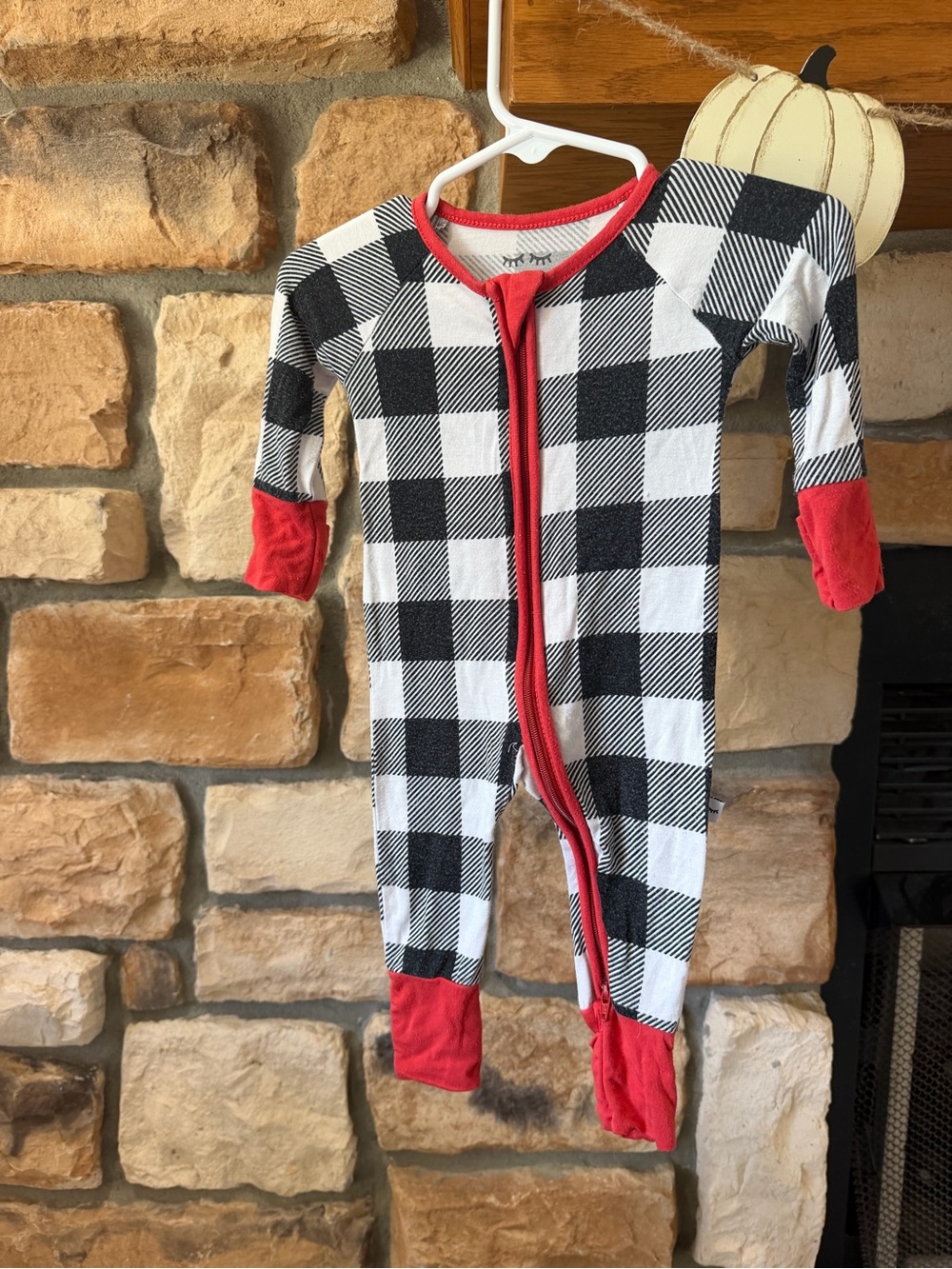 Little Sleepies Black & White Buffalo Check One-Piece with Red Trim